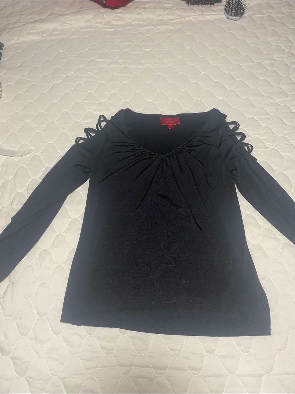 Jennifer Lopez Black Long-Sleeve Top with Lattice Shoulder Detail